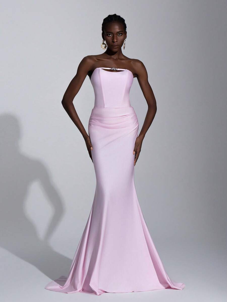 Elitara Elegant Pink Knitted Tube Dress,Unique Asymmetric Hollow Out Metallic Rhinestone High Waist Fishtail Maxi Gown For Women,Party Evening Wedding Guest - Baby Pink - View 1
