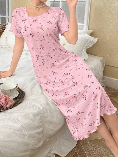 CottageSlumber Bloemen Print Ribbed Relaxed Fit Short Sleeve Hem Rolled Nightgown Babydoll Perfect Moo Bountiful Splendor Cozy Elegante view 6