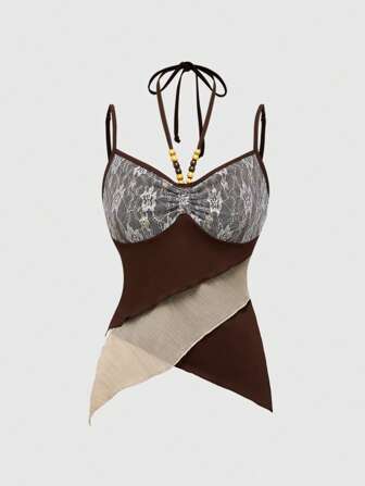 Camisole hippie à patchwork de dentelle, à ourlet asymétrique bicolore