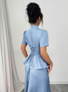 SHEIN Unity 2 件套女士后系带中式单排扣上衣和 A 字纯色裙子套装 - 藍色 - 查看 3