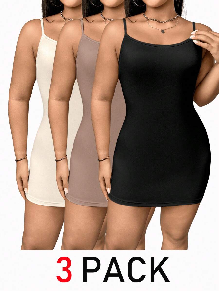 SHEIN Essnce 大码女装春夏时尚休闲舒适高弹力基础款日常百搭多色长款吊带背心3件装，外出上衣，迷你款，曲线款上衣，夏季女装，吊带背心，度假女装，外出上衣，欧洲夏季，简约风格黑色