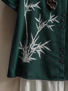 SHEIN LUNE 女士竹叶印花休闲舒适衬衫 - 墨綠色 - 查看 5