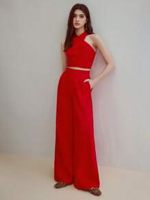 MOTF STUDIO LINEN WIDE LEG SUIT PANTS - Red - View 5
