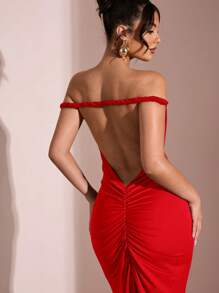 SHEIN BAE Elegant Off Shoulder Backless Bodycon Ruched Wine Red Long Dress For Women, Suitable For Valentine's Day Date