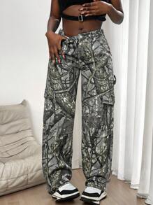 Slaydiva Celana Jeans Kargo Wanita Model Lurus dengan Motif Ranting - MultiWarna - View 4