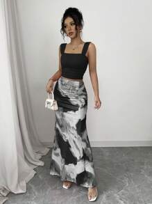 Elenzga Romantic Tie Dye Print Ruffle Collar Tank Top And Skirt 2Pcs Set