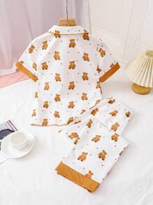 Dozemod Tween Girls Cute Cartoon Bear Pattern Lapel Button Short Sleeve & Loose Weave Pants 2 Pieces Pajama Set - White - View 2