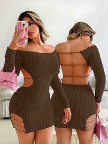 Zolique 女士性感纯色露肩露背修身迷你连衣裙新年俱乐部节日派对服装女士 - 咖啡棕 - 查看 1