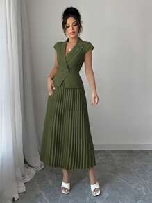 Elenzga فستان للسيدات أنيق أحادي اللون بلا أكمام ، مزين بياقة التيمور المزيف والذيل المزري، خصر ذو تنحية الخصر، مناسب للذهاب إلى العمل، للربيع والصيف