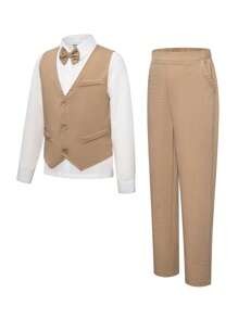 SHEIN Bộ 3 bộ vest công sở ôm vừa vặn phong cách Hàn Quốc cho bé trai tuổi mới lớn, bộ vest Pageboy dự tiệc cưới, trang phục quý ông dẫn chương trình hòa nhạc piano. Bao gồm áo vest ôm vừa vặn, quần ống đứng thường ngày, nơ có thể tháo rời - Màu Khaki - Xem 3