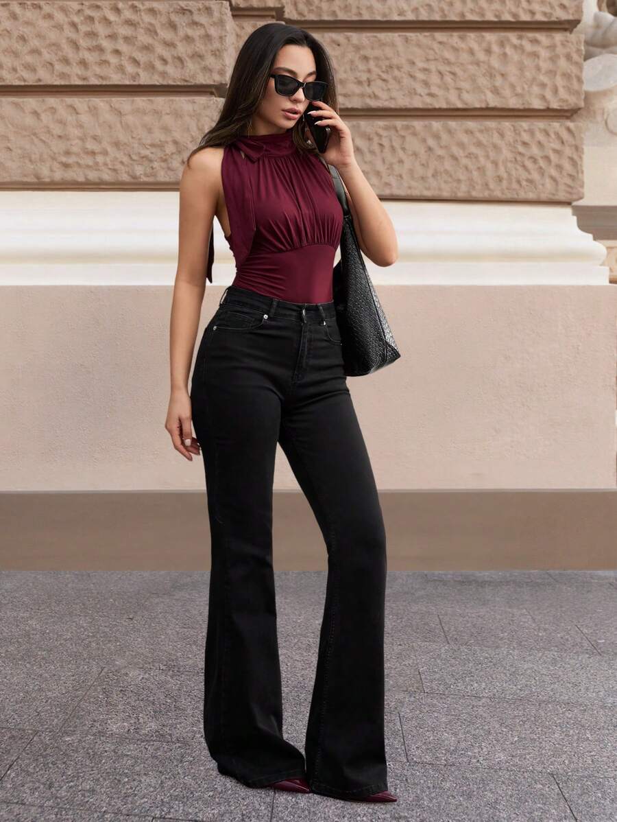 SHEIN Tall 98%Cotton HIGH RISE FLARED LONG BLACK JEAN TALL - Black - View 1
