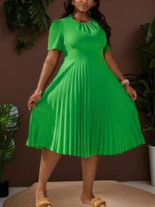 Slaydiva Plus Size Women's Solid Color Ruffle Hem Puff Sleeve Dress - Green - View 12