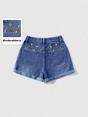 Fairycore Lässige, niedliche Damen Denim-Shorts mit Schlitzen, Mushroom- und Sonnenblumen-Stickerei, A-Linie, Rollsaum
