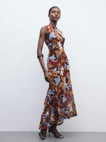 Maija 2025夏季新款碎花连衣裙，百搭风格，适合居家、办公、春季野餐等场合。这款无袖长裙采用网纱荷叶边下摆设计，不规则下摆，尽显现代优雅都市浪漫西部朋克Y2K乡村音乐节复古风情。适合机场旅行、婚礼宾客、生日、万圣节、商务休闲、约会、派对、郊游、返校季等各种场合，冬夏皆宜。 - 酒紅色 - 查看 5