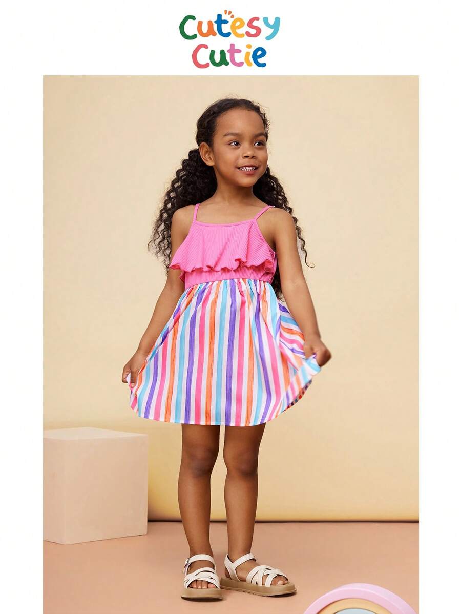SHEIN CutesyCutie Young Girl Solid Color Ruffle Hem Splicing Woven Stripe Camisole Dress - Multicolor - View 1