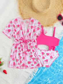 Young Girls Strawberry Print Hollow Out Waist Bowknot One-Piece Swimsuit With Sun Protection Cover Up Jacket, 2Pcs Set - Baby Pink - View 1