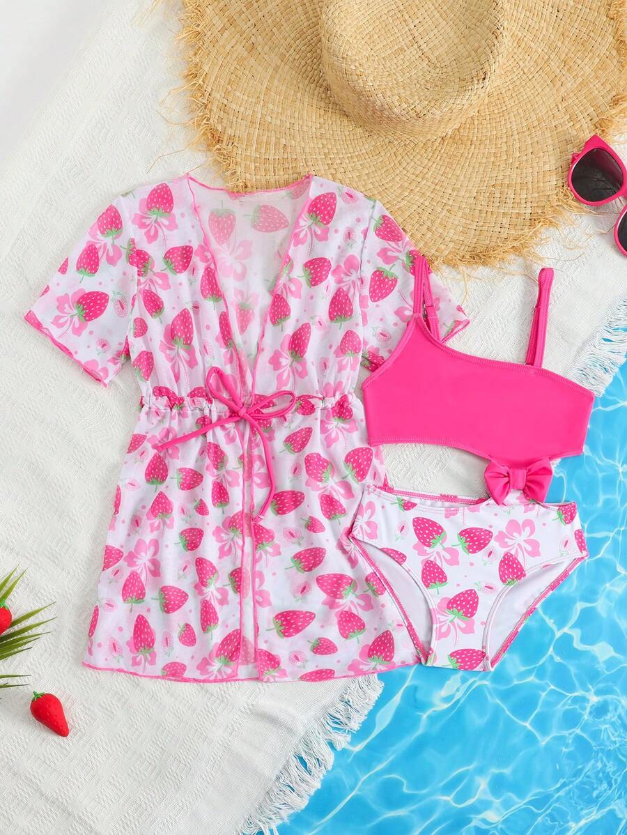Young Girls Strawberry Print Hollow Out Waist Bowknot One-Piece Swimsuit With Sun Protection Cover Up Jacket, 2Pcs Set - Baby Pink - View 1