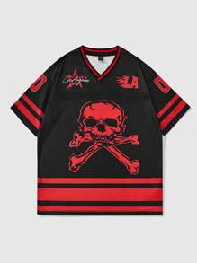 ROMWE MEN Prep Camiseta casual holgada para hombres con gráfico de calavera y rayas de contraste