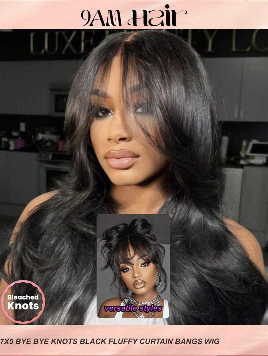 7x5 Bye-Bye Knots™ Lace Front Black Fluffy Natural Loose Wave Curtain Bangs Wig Frame Face Pre Cut Pre Bleached Pre-Plucked 100% Human Hair Wear Go Glueless Wigs For Women - SNatural - View 1