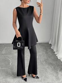 Modelyn Ensemble de 2 pièces top et pantalon de couleur unie élégant pour les déplacements avec ceinture taille - Noir - Voir 6