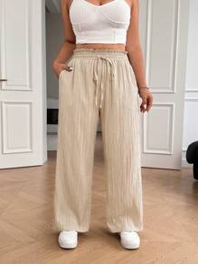 Solflare Plus Size Apricot Drawstring Waist Loose Straight Leg Casual Pants - Apricot - View 4