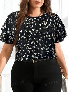 Reflora Elegant Plus Size Round Neck Loose Shirt With Geometric Polka Dot Print & Layered Sleeve - Black - View 1
