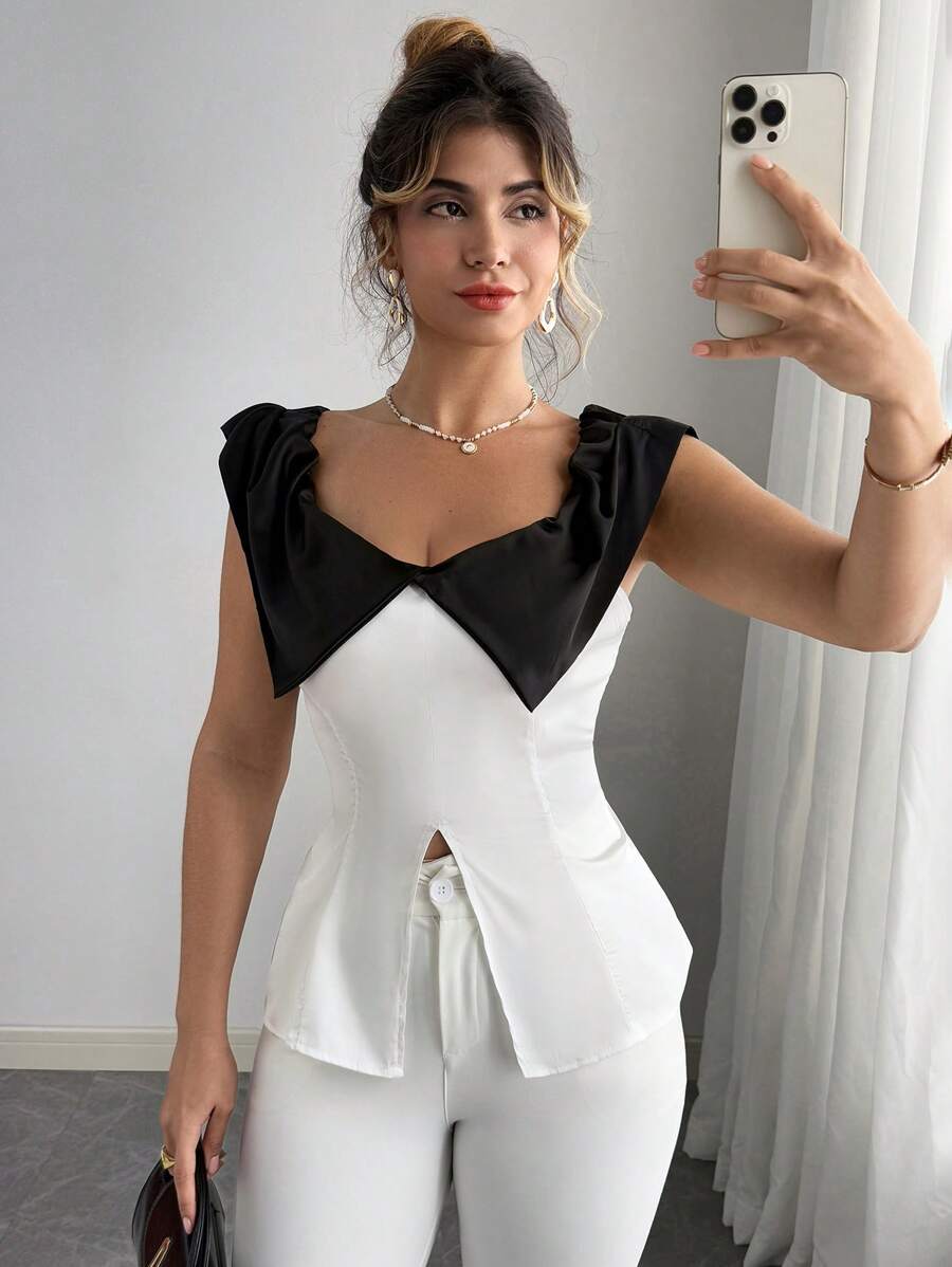 Elenzga Blusa de estilo francés elegante con efecto de cintura para mujeres de talla grande, adecuada para el trabajo