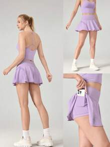 GLOWMODE FeatherFit™-Air Sweat-Wicking Quick-Dry Light Lace Mid-Rise Waist Mini Skirt With Built-In Shorts Side Pockets Non-Slip Grips Yoga Pilates - Mauve Purple - View 8