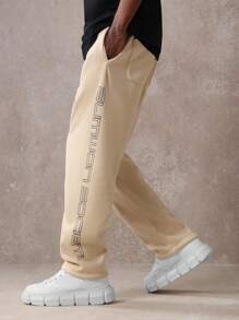 SUMWON Premium Athletic Jogger Sweatpants With Side Logo Print Elastic Cuffs Casual Workout Running Training Loungewear Fall Winter Streetwear Athleisure - Khaki - View 4