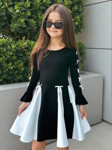 SHEIN Nova Glow Tween 女童蝴蝶结装饰圆领长袖拼色优雅黑白连衣裙，适合日常穿着、派对礼服，适合秋冬季 - 黑與白 - 查看 9