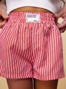 SHEIN CutesyCutie Young Girl Woven Solid Letter Print Elastic Waist Casual Shorts - Red - View 5