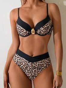 SHEIN Beach Summer Woman Outfits Two Pieces Set, Cheetah Print Color Block Push Up Underwire High Waist Bikini Set, Swimwear Swim Suit For Holiday Vacation - Multicolor - View 2