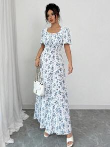 Elenzga Spring/Summer Elegant Vacation Casual Puff Sleeve Square Neck Waisted Slim Long Dress For Women