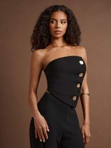 Vixey 办公室风格纽扣不对称无袖上衣，商务休闲女士，老钱风格 - 黑色 - 查看 5