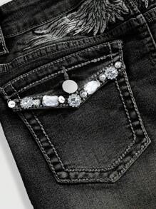ROMWE Grunge Punk Quần short denim cạp trễ lưng thấp thêu họa tiết đá Rhinestone Y2K - màu đen - Xem 2