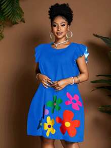 Maweii 大码女式圆领盖袖夏季连衣裙 - 藍色 - 查看 4