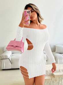 VaVaBold 女士性感露肩露背迷你连衣裙，秋季 - 白色 - 查看 4