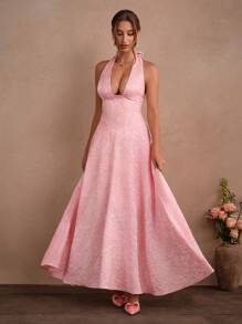 SHEIN Unity Elegant V-Neck Pink Bowknot A-Line Backless Dress, Spring/Summer - Pink - View 3
