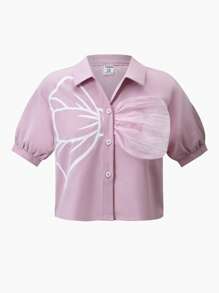 SHEIN Explorewe Tween Girls Front Button Short Sleeve Print Casual Shirt - Dusty Pink - View 3