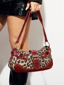 SHEIN BAE Women's Leopard Print Patchwork PU Leather Shoulder Bag, For Commute And Casual Use, Fall Winter Fashionable Cheetah Print Purse For Women, New Fall Winter Tiger Print Bag For Women , Leopard Cheetah Print - Red - View 3