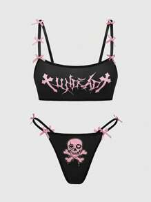 ROMWE Gothic Romantic Skeleton Gothic Font Spaghetti Strap Bow Thong Lingerie Set - Black - View 1