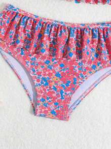 Young Girl Random Print Ruffled Two Pieces Swimwear Set - Multicolor - View 3