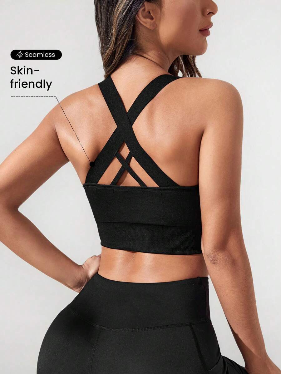 SHEIN Sports Áo lót thể thao Nữ Hội Chữ thập màu trơn - màu đen - Xem 1