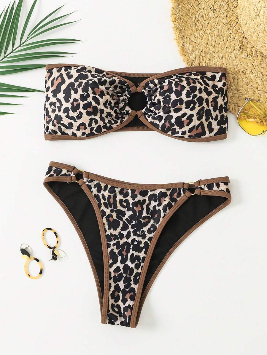 SHEIN Swim Ladies Leopard Print Bandeau Bikini Set (Random Print) For Summer Beach Vacation - Multicolor - View 1