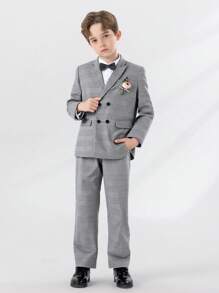 SHEIN 4pcs/Set Tween Boys Suit Set - Gray Plaid Blazer + Double-Breasted Vest + Matching Pants + Bowtie, For Wedding Parties, Everyday Wear, Banquet