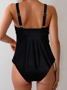 Swim Basics 纯色优雅扭纹裙式比基尼 - 黑色 - 查看 2