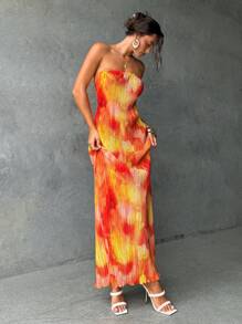 Aloruh 女式无袖印花后背褶饰系带连衣裙