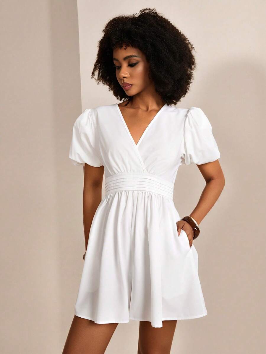 Slaydiva 2 件套新款设计休闲优雅白色泡泡袖 V 领连体裤，带口袋，适合春夏季 - 白色 - 查看 1