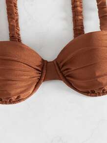 Swim Vcay Bandeau Bikini Set, Ruched Cup With Boning, Adjustable Strap, Suitable For Summer Beach & Vacation Wear - Coffee Brown - View 5