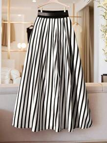 Franclia Fashionable Commuter Striped Decorative Waist Belt A-Line Skirt Fall Cloth For Women - Black and White - View 2